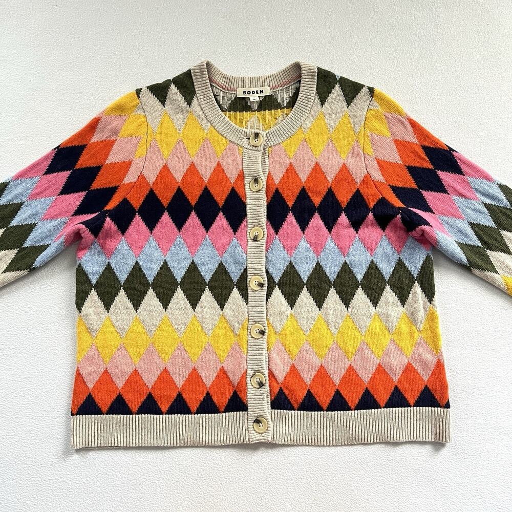 Boden Women Multicolor Argyle Diamond Wool Blend Sweater Patterned Cardigan XL - Picture 5 of 12